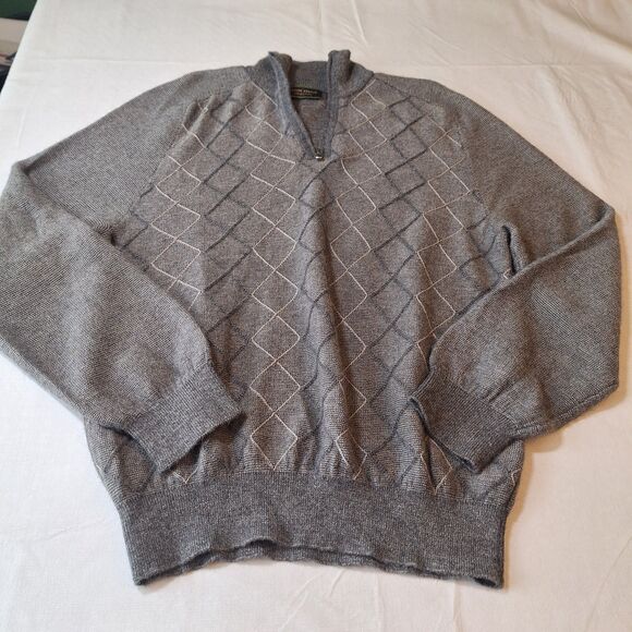 Joseph Abboud Grey Diamond Knit Alpaca Wool Quarter Zip Sweater Academia Size M - Picture 10 of 10